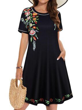 Women's Black Flower T-shirt Short Sleeve Floral Sundress Beach Cover Mini Dress